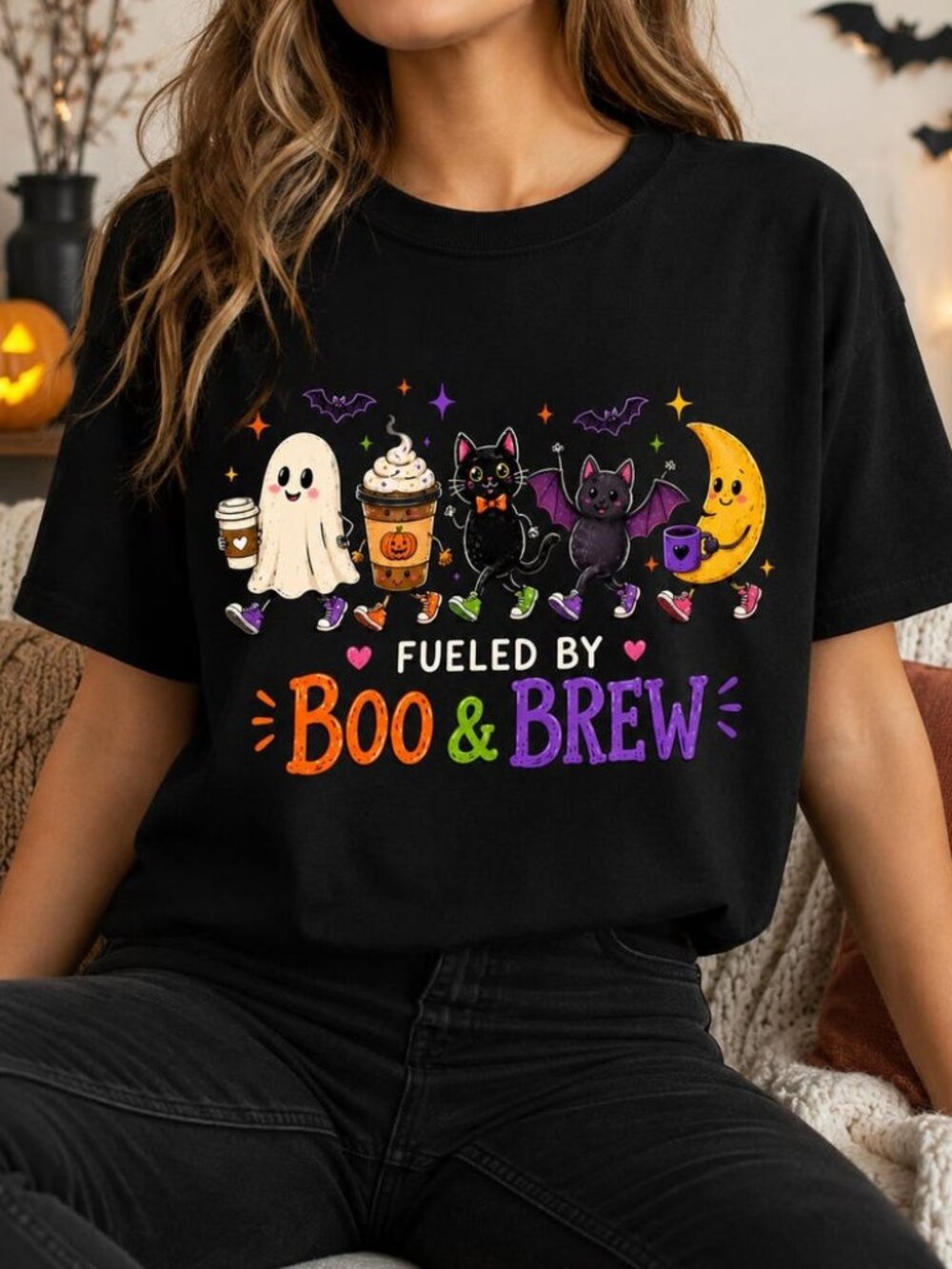 Halloween Coffee Ghost T-Shirt, Spooky Cat Bat Moon Graphic Tee